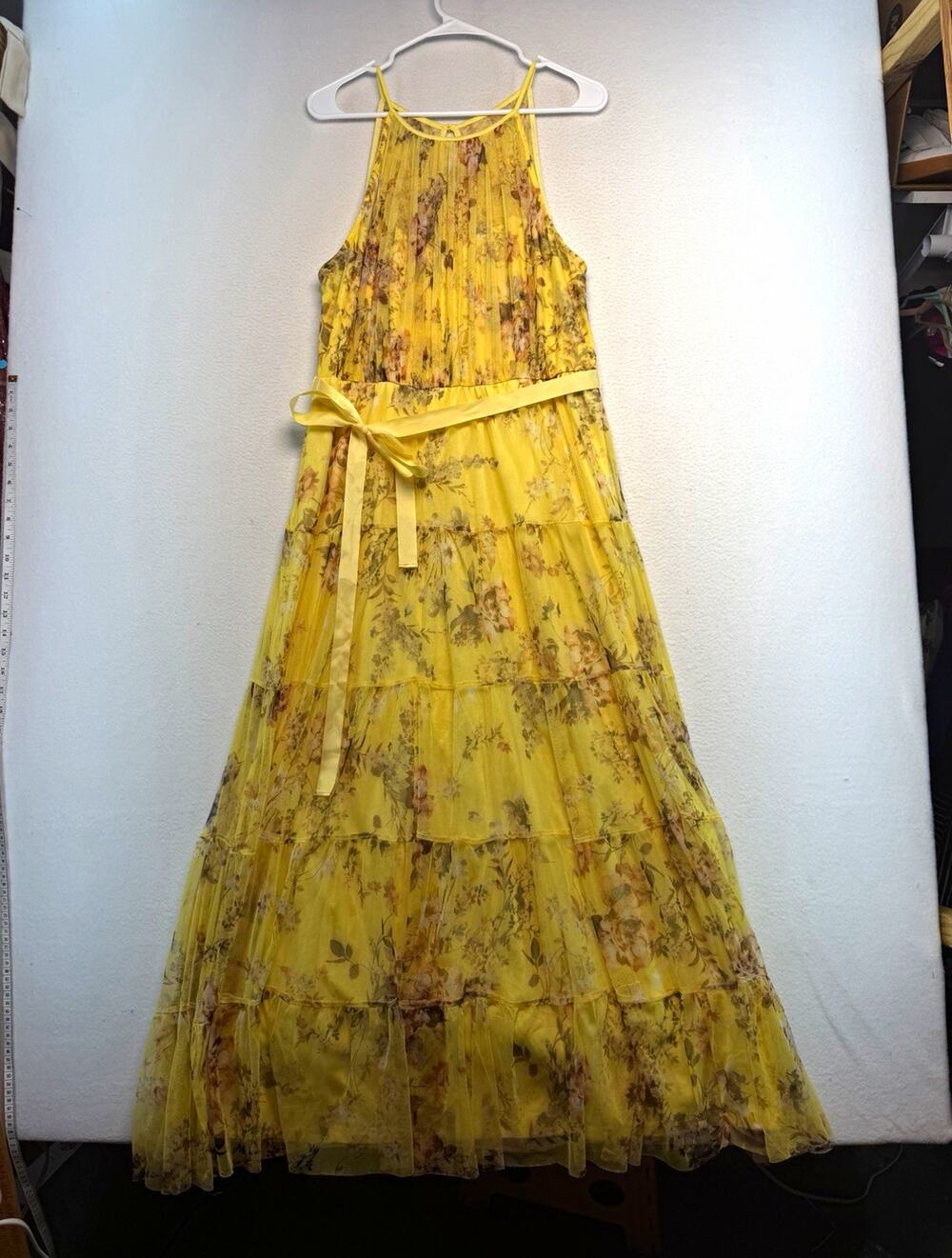 Lovely Grace XL Yellow Floral Halter Mesh Layered Lined Maxi Dress fairy whimsy
